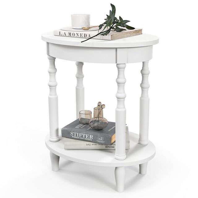 GOFLAME 2-Tier Oval End Table, Sofa Side Table with Storage Shelf, Solid Wood Legs, Modern Accent Table, Compact Nightstand for Living Room, Bedroom, Small Space, White