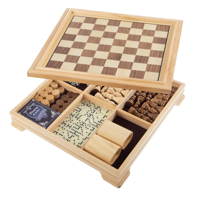 Toy Time 7-in-1 Deluxe Wood Board Game Set - Chess, Checkers, Backgammon, Dominoes, Cribbage, Poker Dice, and Standard 52-Card Deck