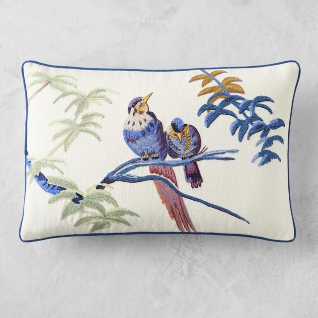 Peacock Embroidered Pillow Cover, 14" X 22", White