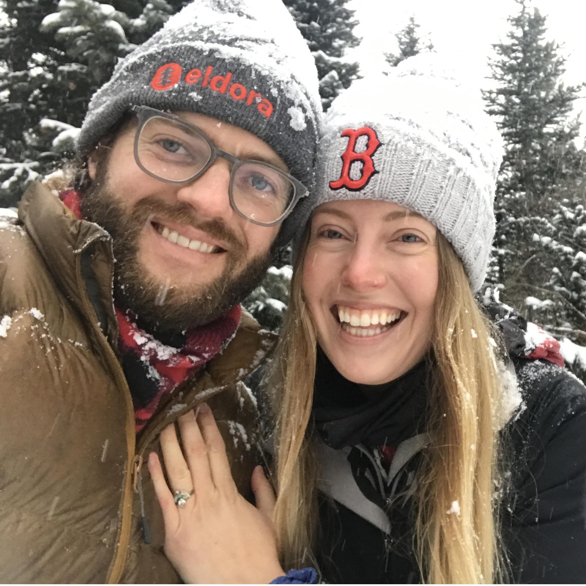 The proposal, 12.12.20; snow falling in the CO mountains.