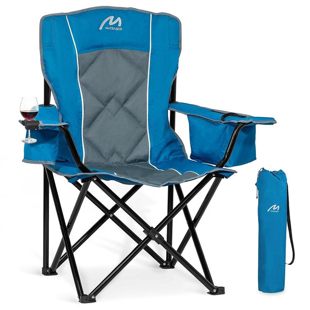 Matrasco Oversized Padded Camping Chair, Heavy-Duty Steel Frame for 450 lbs Supports, Convenient 6-Can Cooler, Portable Carry Bag, Perfect for Outdoor, Beach, and Hiking (Blue & Gray)