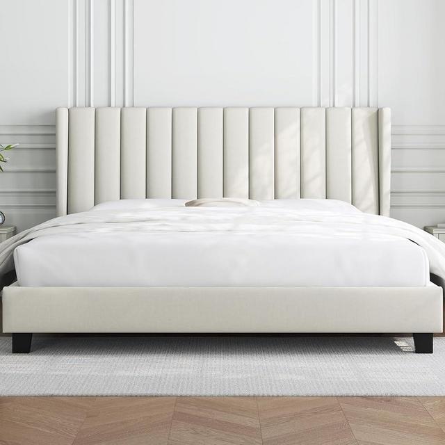 Yaheetech King Bed Frame Upholstered Platform Bed with Fabric Headboard, Wing Edge Design/Non-Slip and Noise-Free/Wooden Slats Support/No Box Spring Needed/Easy Assembly, Beige King Bed
