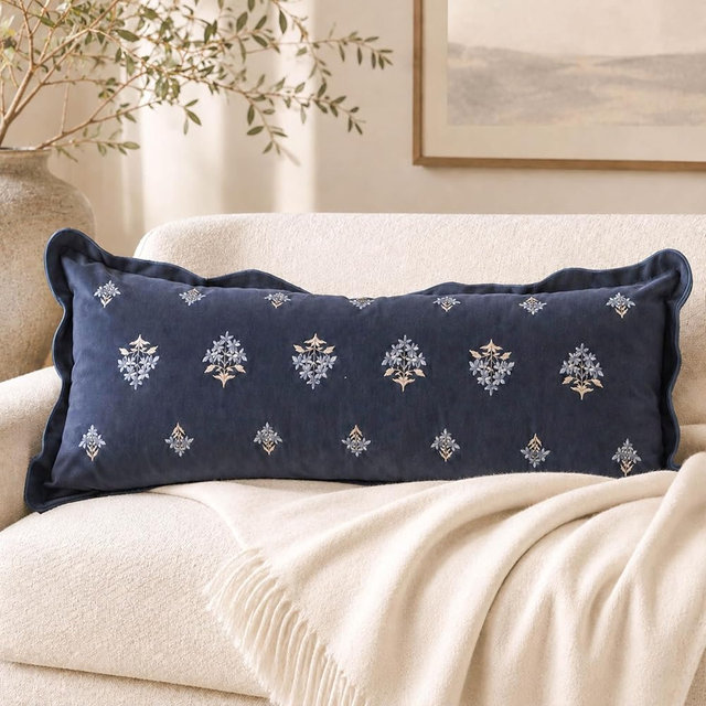 BlissBlush Long Lumbar Pillow Cover 14x36 for Bed, Navy Blue Velvet Decorative Lumbar Pillow Cover, Floral Accent Cushion Cover with Embroidery and Scalloped Edge for Couch Sofa Bed, Cover ONLY
