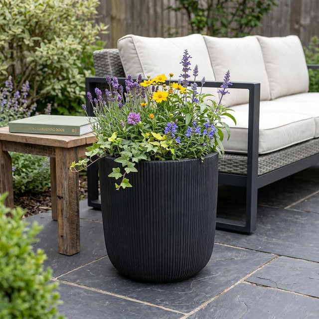 LAFORMO Black Magnesium Oxide Planter Pot 14.37" Outdoor & Indoor Large Flower Pot with Drainage Hole, Modern Round Garden Urn for Patio, Home, Porch, Plants (14.37" D x 14.57" H)