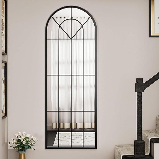 Degfig Arched Full Length Mirror with Grids, 65"X22", Arched Window Pane Wall Mirror, Floor Standing Mirrors, Farmhouse Long Full Body Mirrors Wall Mounted for Living Room, Bedroom, Entryway, Black