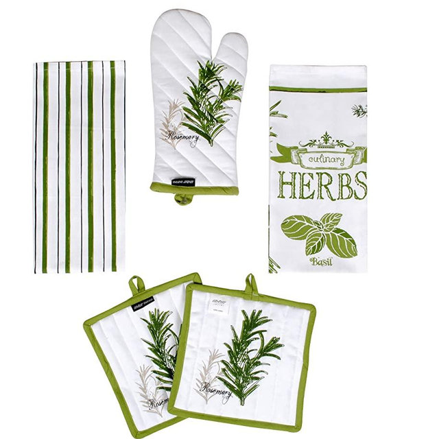 AMOUR INFINI Herb Garden 5 Pack Kitchen Set | Cotton Machine Washable | 2 Kitchen Towels, 2 Pot Holders and Oven Mitt | Perfect for Gifting, Baking and Everyday Cooking