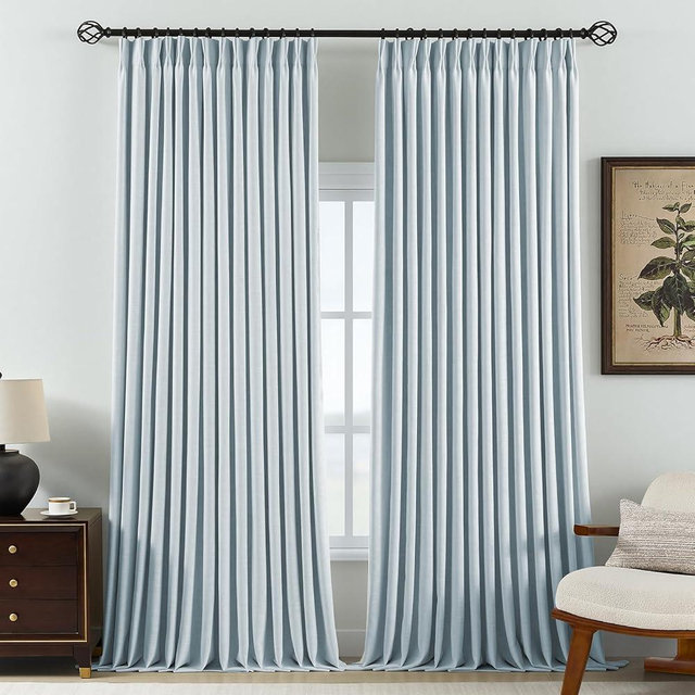 Pinch Pleated Curtains 100% Blackout Linen Curtains 108 Inches Long for Bedroom Living Room, Blue Memory Trained Thermal Insulated Room Darkening Window Drapes with Hooks 2 Panels 40"Wx108"L
