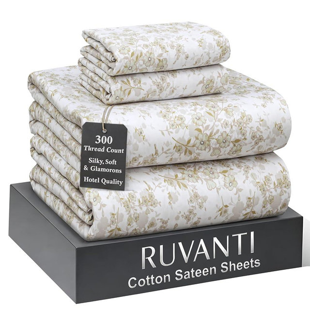 RUVANTI 100% Cotton Sheets Full Size Bed Set - 300 Thread Count Silky Soft Sateen Weave, Cooling, Lightweight & Breathable, 16" Deep Pocket, Durable & Luxury Satin-Like, 4 Piece, Classic Bliss