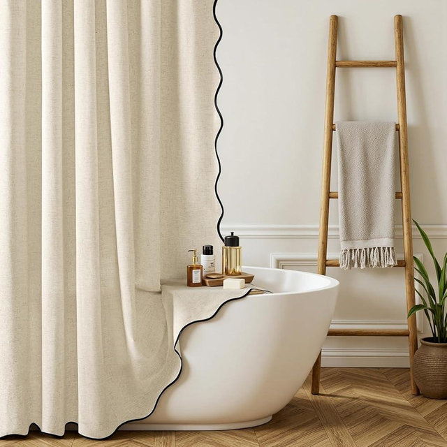 MIULEE Linen Scalloped Cream Shower Curtain with 12 Metal Hooks Boho Farmhouse Cute Heavy Duty Washable Waterproof Thick Cloth Shower Curtains with Black Border for Bathroom Hotel,W72*L72, Natural