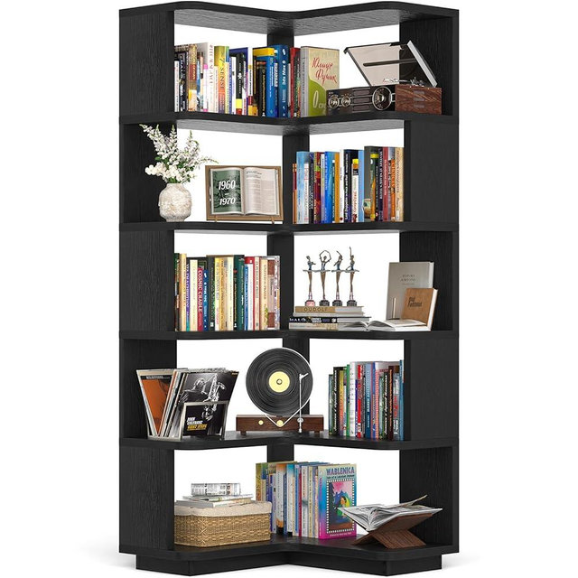 Armocity Corner Book Shelf - 6 Tier Corner Bookshelf Etagere Bookcase with Baffle, Freestanding L Shaped Display Shelf Stand for Home Office, Living Room, Bedroom, Kitchen, Black