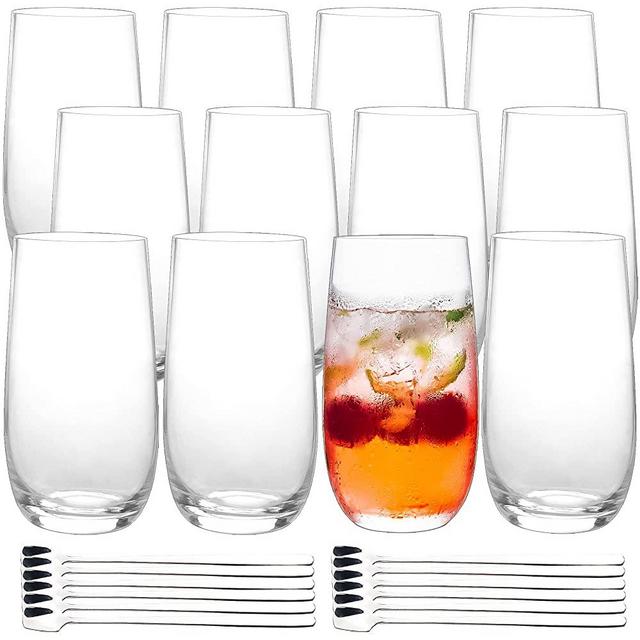 FAWLES Cocktail Glasses Set, 12 Pieces 17 Ounce Highball Glasses + 12 Pieces Stainless Steel Long Handel Spoons, Tall Drinking Glasses, Crystal Glass, Mojito, Iced Tea, Juice, Mimosa Glasses