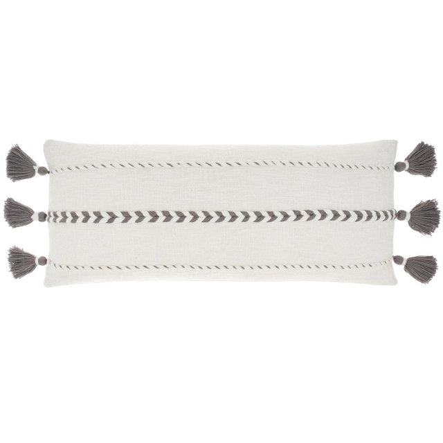 HomeRoots 12" X 30" Gray and White Striped Cotton Lumbar Throw Pillow With Tassels