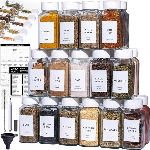 Laramaid 6oz 30Pack Glass Jars with Minimalist White Spice Labels, White Plastic Shaker Lid Dispenser, Black Chalk Marker, Cleaning Brush and Collapsible Silicone Funnel