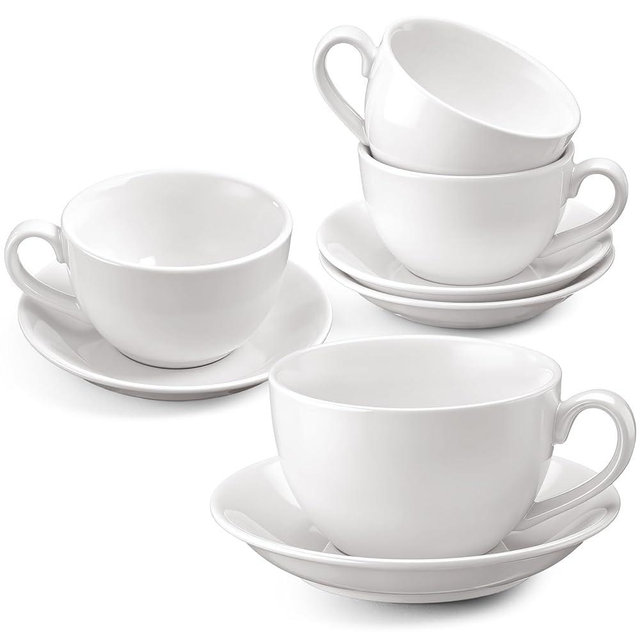 Acellegic 4 Set 16 oz Cappuccino Cups with Saucers Large Ceramic Coffee Mugs White Espresso Cup and Saucer Set Heavyweight Porcelain Housewarming Gift for Tea Espresso Latte Kitchen Cafe