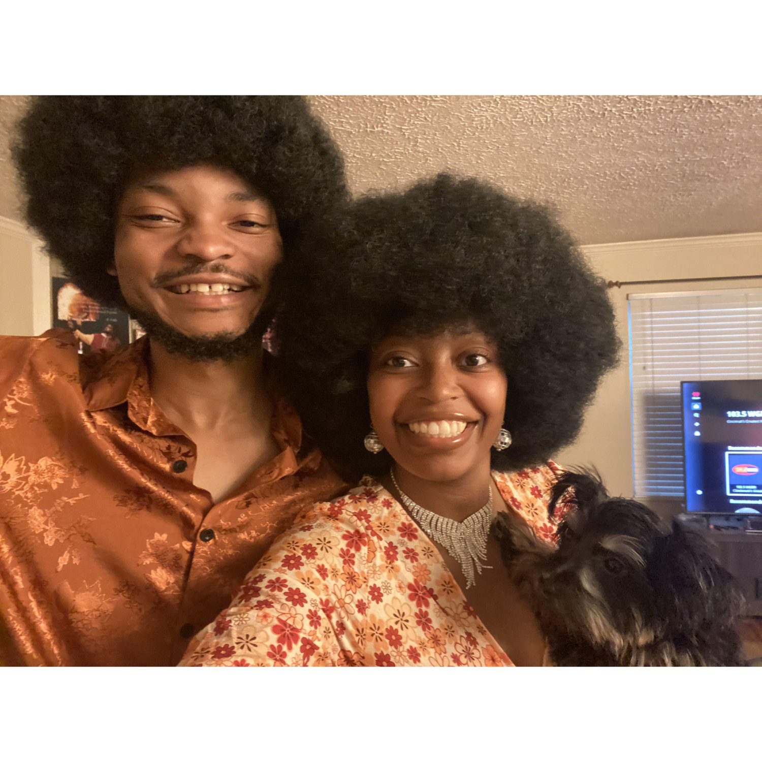 Makayla's 26th birthday 70s party with their dog Archer