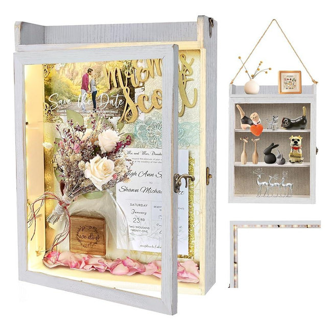 KWYADLUO 11x16 Shadow Box Frame with Light, Wedding Memorial Display Case with Shelves and Top Platform, Large Deep Shadow Box for Keepsakes and Wedding Gift, Hanging Rope and Wall-Mountable, White
