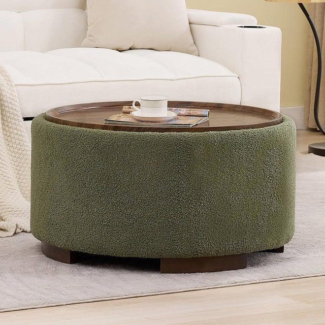 Coziture 29.5 Inch Round Storage Ottoman Coffee Table,Modern Circle Coffee Table with Storage with Removable Lid Top and Solid Wood Legs,Large Round Ottoman for Bedroom,Living Room,Teddy Fleece,Green
