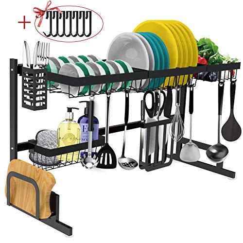 Dish Drying Rack Over the Sink -Adjustable Large Dish Rack Drainer for Kitchen Organizer Storage Space Saver Shelf Utensils Holder with 7 Utility Hooks Dish Rack Over Sink (32≤ Sink Size ≤ 39inch)