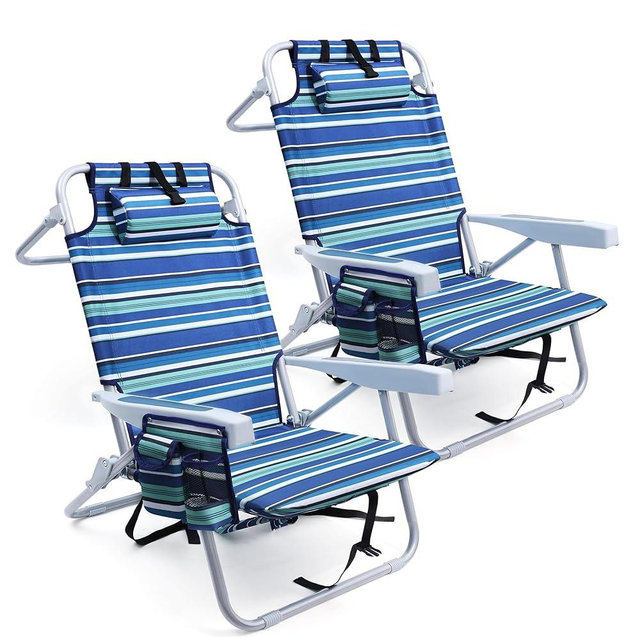 Yestomo Beach Chairs for Adults Heavy Duty, Compact Portable Lay Flat Folding Chair with Backpack Straps and Large Cooler Pouch, Support to 350LBS (2 Pack Stripes_Blue&Cyan)