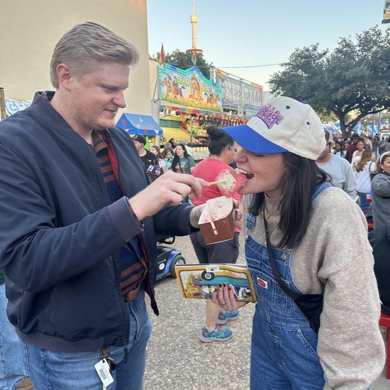 Dallas and Anna visit the Texas State Fair each year with Anna's aunt and uncle, Dana and Kevin. In 2024 we practiced for cutting the cake!
