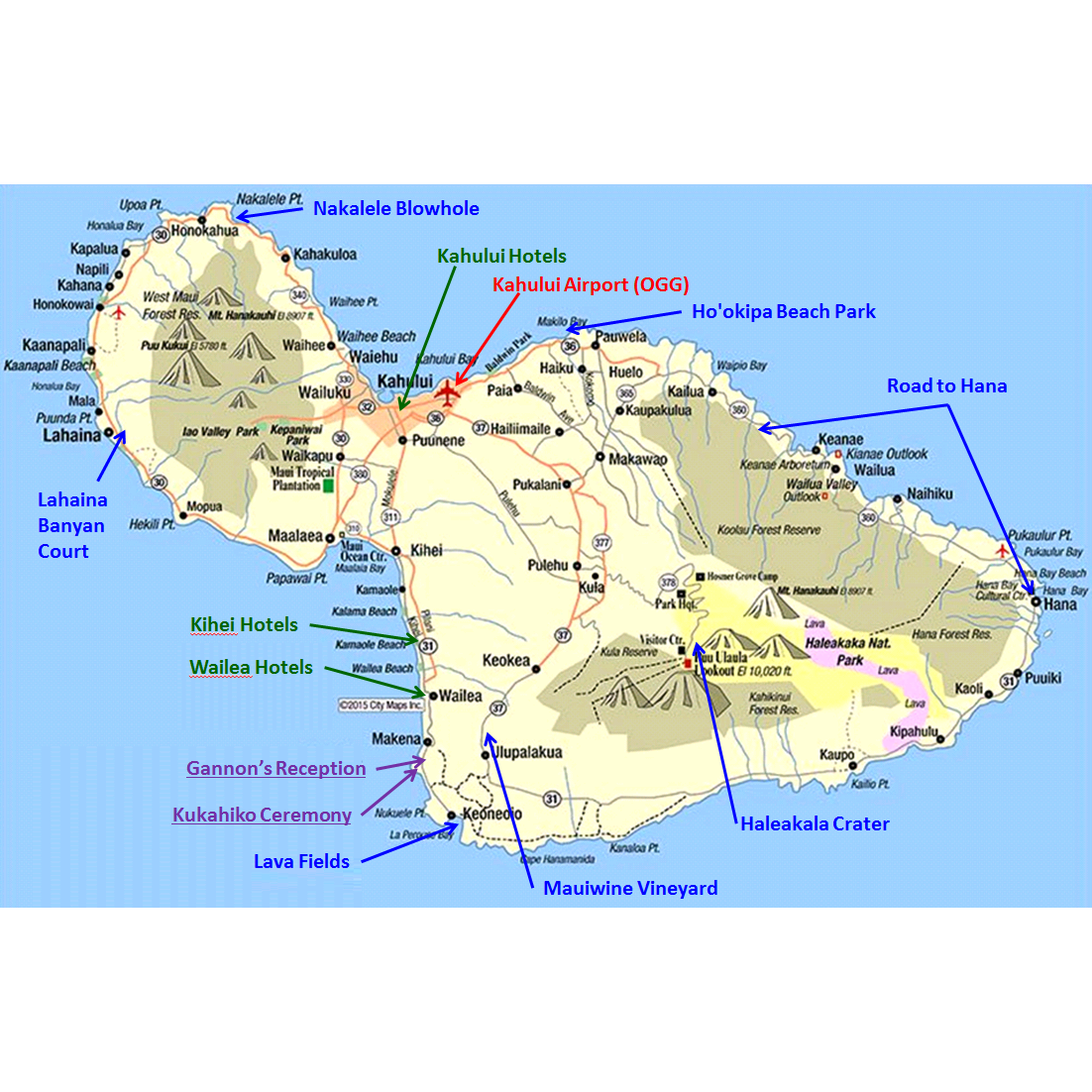 Red is the airport, green are good hotel areas, purple is the wedding locations, blue are things to do