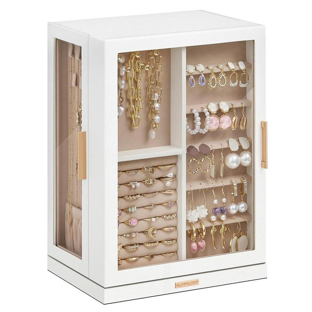 Glimmloop 360° Rotating Jewelry Box with 7 Drawers, Spacious Vertical Jewelry Organizer with Glass Window, Jewelry Storage Case, Dustproof & Moisture-resistant Design, White