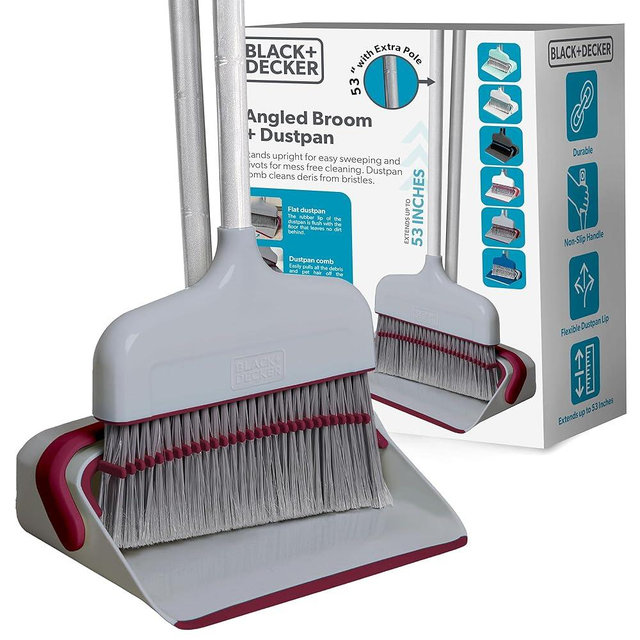 BLACK+DECKER Butler Broom & Dustpan Set - Stand-Up Design - Lightweight, Space-Saving Combo for Kitchen, Living Room, Bathroom, Lobby Floors - Home Cleaning Essential, Light Gray/Burgundy