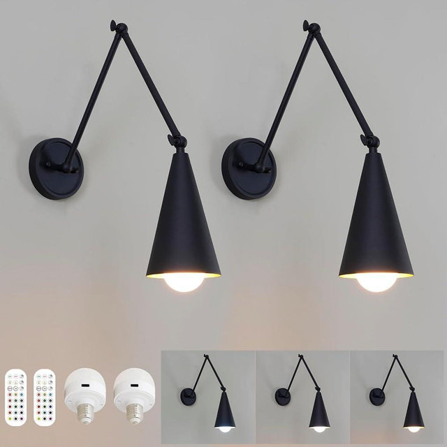 HEQIQEH 2-Pack Industrial Swing Arm Battery Powered Metal Black Wall Sconces, Vintage Rechargeable Dimmable Wall Mounted Lamps with Remote Control for Kitchen Bedroom Lounge