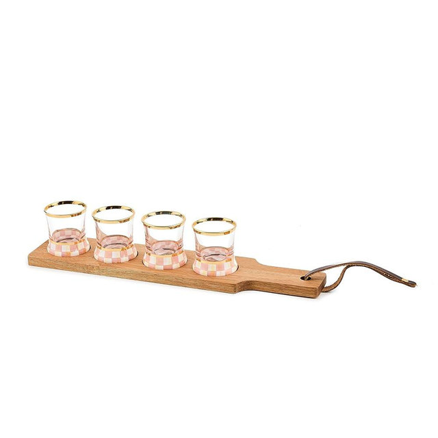 MACKENZIE-CHILDS Flight Board, Cute Shot Glasses and Wooden Board for Drinking or Decor, Pink-and-White Rosy Check