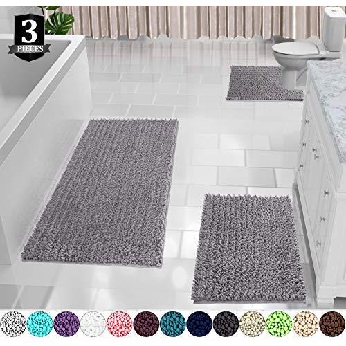 Yimobra 3 Piece Bath Mat Set, Extra Large Shaggy Chenille Bathroom Mats + Bathroom Rugs + Contour Toilet Mat, Soft and Comfortable, Water Absorbent and Thick, Non-Slip, Machine Washable, Light Gray