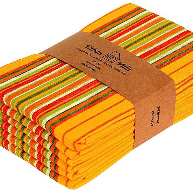 Urban Villa Kitchen Towels, Premium Quality, 100% Cotton Dish Towels,Mitered Corners,Ultra Soft (Size: 20X30 Inch), Mustard Waffle Stripes, Highly Absorbent Bar Towels & Tea Towels - (Set of 6)