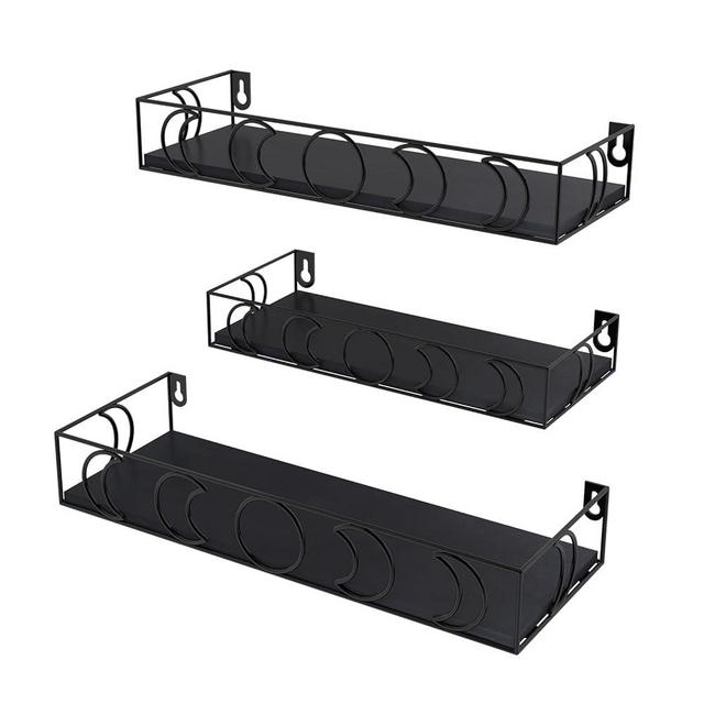 PHAREGE Moon Phase Floating Shelves Black, Set of 3 Small Decorative Wall Shelves for Book Plant Storage, Crystal Figurine Collectibles Display Shelf for Bedroom Kid Room