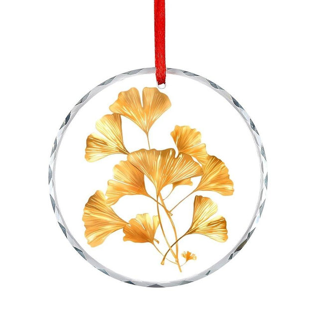 Golden Ginkgo Leaves Round Christmas Ornaments Crystal Hanging Pendant Souvenir Gifts for Xmas Tree Wedding Decoration