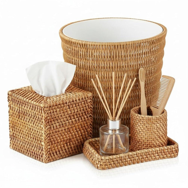 Cinnvoice 5 Pcs Boho Bathroom Accessories Set, Wicker Rattan Bathroom Decoration Includes Tissue Box Cover Toothbrush Holder Vanity Tray and Trash Can for Farmhouse Bedroom Toilet Countertop