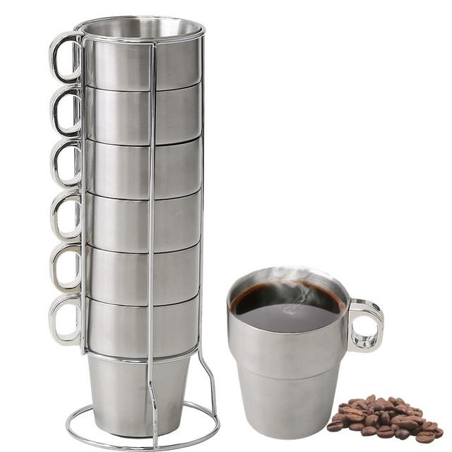 Japard Metal Coffee Mugs Stainless Steel, Stackable with Stand Rack Set of 6 for Hot Cold Drink,10oz, Double Wall Insulated, Outdoor Break Proof