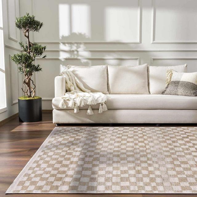 Hauteloom Pertek Modern Checkered Area Rug - Modern Geometric Carpet for Living Room, Kids Room, Nursery - Bohemian Boho Carpet - Cream, Beige, Gold - 6'7" x 9'