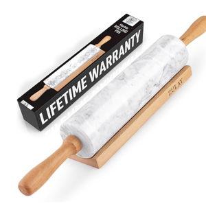 Zulay Kitchen 17-Inch Marble Rolling Pin With Stand - Polished Marble Rolling Pins For Baking With Long Beechwood Handle - Non-stick Roller Pin For Baking Pastries, Bread & Pizza
