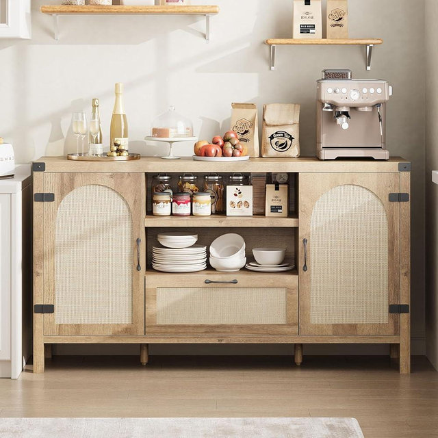 47’‘ Buffet Sideboard Cabinet with Storage, Boho Large Rattan Kichten Cabinet with Doors and Drawers, Farmhouse Wood Coffee Bar Cabinet with Adjustable Shelves for Kitchen, Living Room