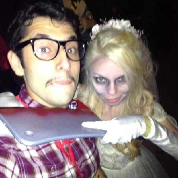 Our first Halloween together, when David dressed as Hipstro, the hipster super hero, and Liza dressed as a murdery, undead bride.