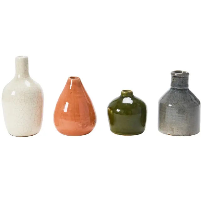 Storied Home Stoneware Bud Vases in Crackle Glaze, Olive/Terracotta Tones, Set of 4