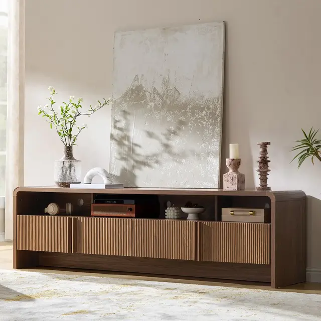 AMERLIFE 70" Modern TV Stand with Fluted Design & Storage Cabinets, for TVs up to 80", Wood Entertainment Center Media Console for Living Room, Brown