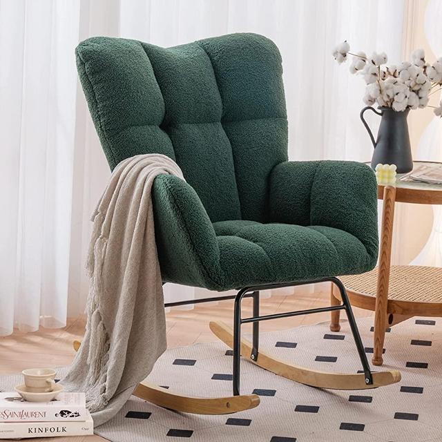Nursery Rocking Chair Teddy Fabric Upholstered Glider Rocker Rocking Accent Chair Padded Seat with High Backrest Armchair Comfy Side Chair for Living Room Bedroom Offices (Green Teddy)