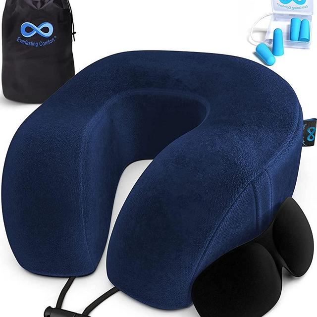 Everlasting Comfort Memory Foam Travel Pillow - Airplane Neck Rest & Plane Accessories (Navy Blue)