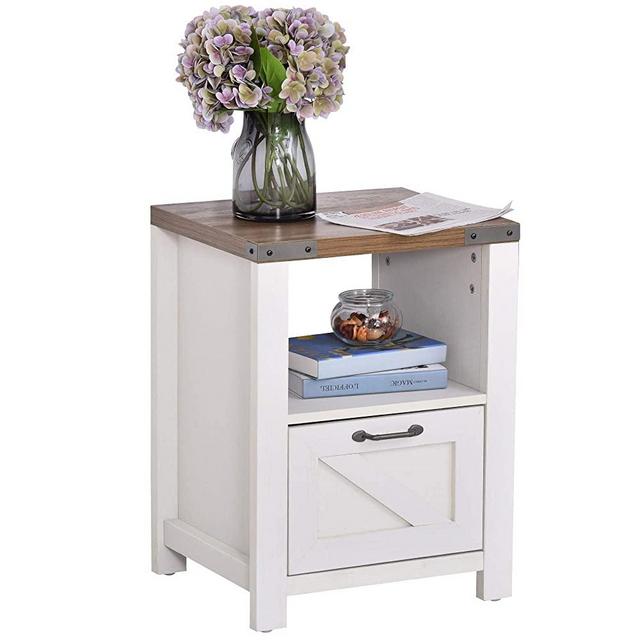 HOMCOM Industrial Side Table with 1 Drawer 1 Open Shelf, Retro End Desk with Big Tabletop for Living Room Bedroom Dorm, White