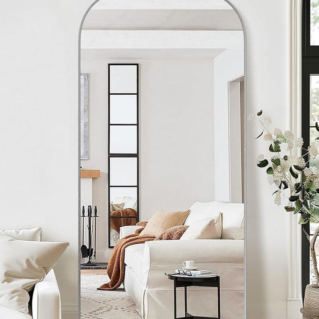 Furnbar Arched Full Length Mirror, 76"x34" Full Body Mirror Freestanding with Carved Metal Frame, Large Floor Mirrors for HomeDecor, Standing Mirrors for Bedroom&Dressing Room, Silver