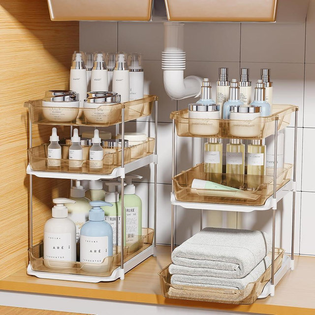 Delamu 2 Pack 3-Tier Bathroom Under Sink Organizers and Storage, Multi-Purpose Stackable Pantry Organization and Storage, Pull Out Clear Kitchen Bathroom Cabinet Organizer with Movable Dividers, Amber