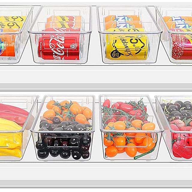 Refrigerator Organizer Bins with Lid, ESARORA 8 PACK Stackable Clear Plastic fridge Bins with Handle and Removable Divider For Fridge, Freezer, Kitchen Cabinet, Pantry Organization Storage, BPA Free
