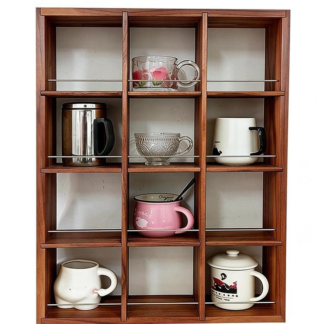 YIYUESHIJIU Wall Mounted Coffee Cup Holder, Cup Holder, 4-Tier Cup Display Shelf, Kitchen Coffee Bar Storage Organizer for Mugs, Cups and Collectibles with 12 Compartment (Walnut)