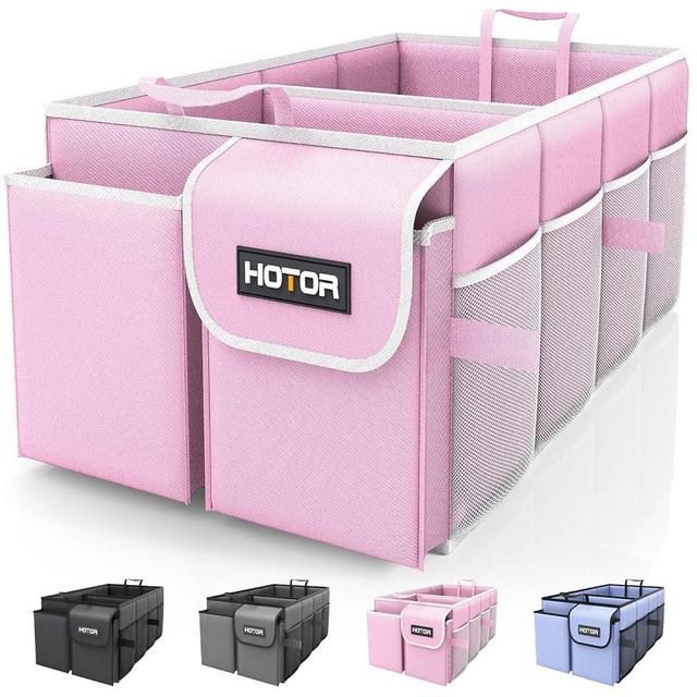 HOTOR Trunk Organizer for Car - Large-Capacity Car Organizer, Foldable Trunk organizer for SUVs & Sedans, Sturdy Car Organization for Car Accessories, Tools, Sundries, Pink, 2 Compartments