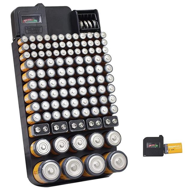 Bee Neat Battery Organizer Storage Case with Energy Tester - New and Improved Design Holds 114 Large and Small Batteries - Wall Mounted or in a Drawer